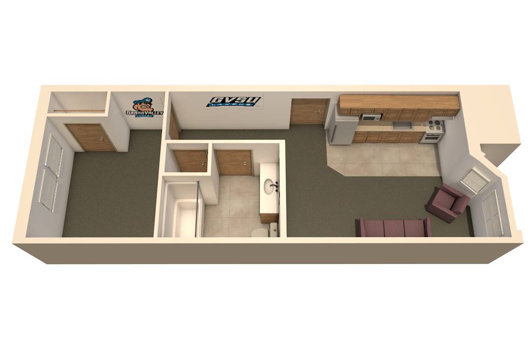 image of secchia hall 1 bedroom 1 person apartment floor plan